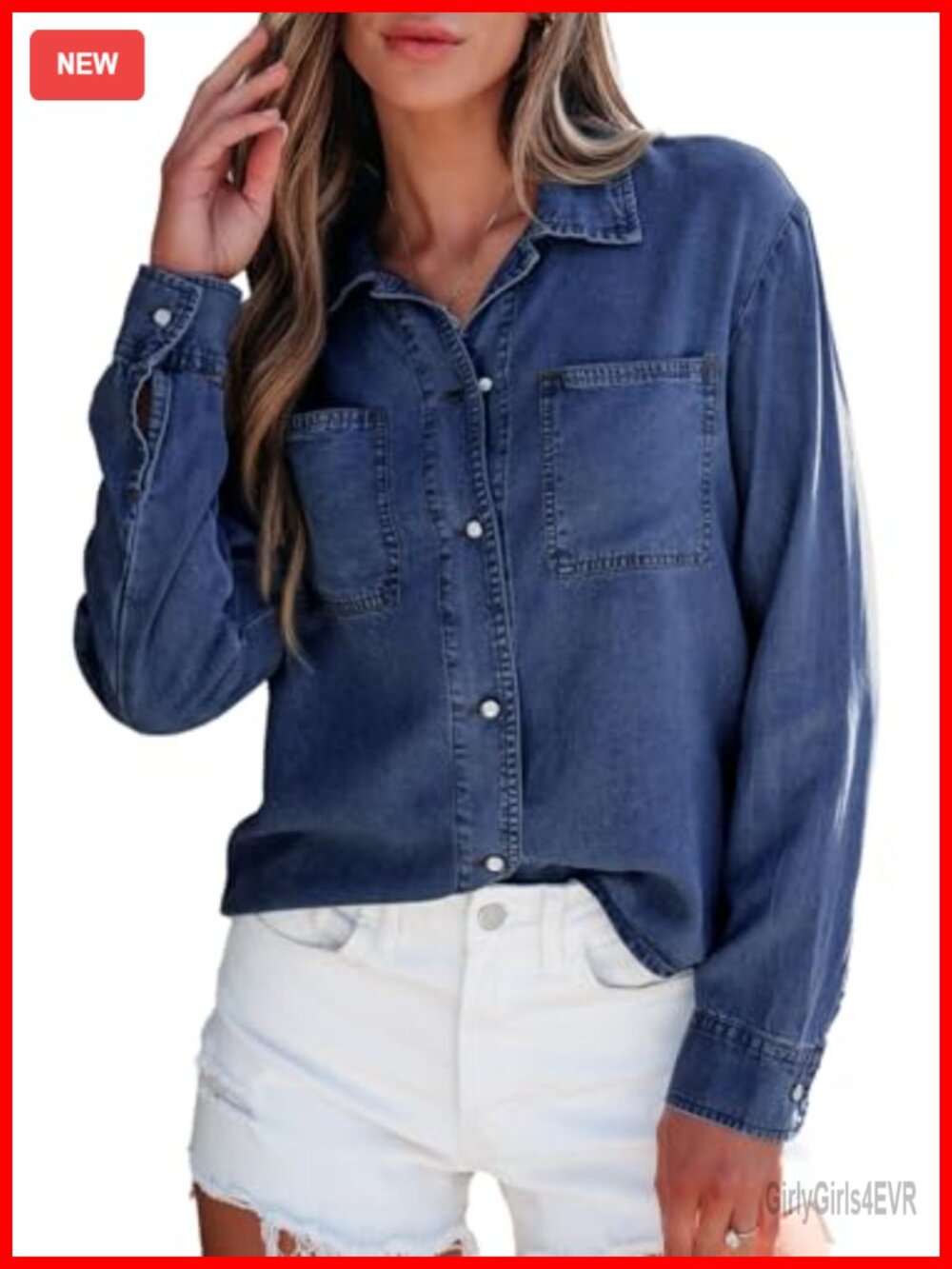 Women's Denim Button Down Shirt Long Sleeve Chambray Blouse